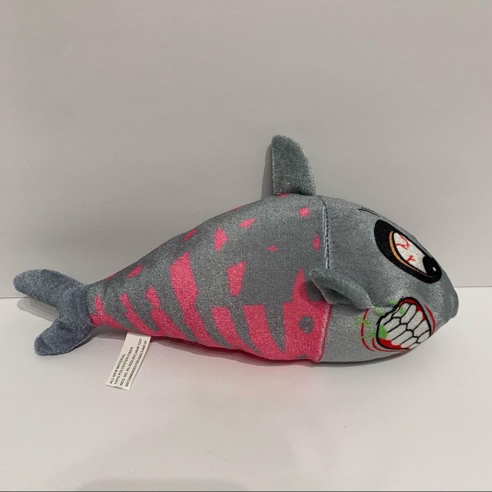 Shark Plush Nanco 10" Pink & Blue Angry Shark Piranha Blood-Shot Eyes ~Teeth